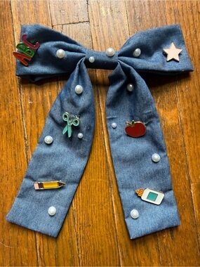 Denim Pearl School Pins Bow Hair Clip for Kids - Blue Back to School